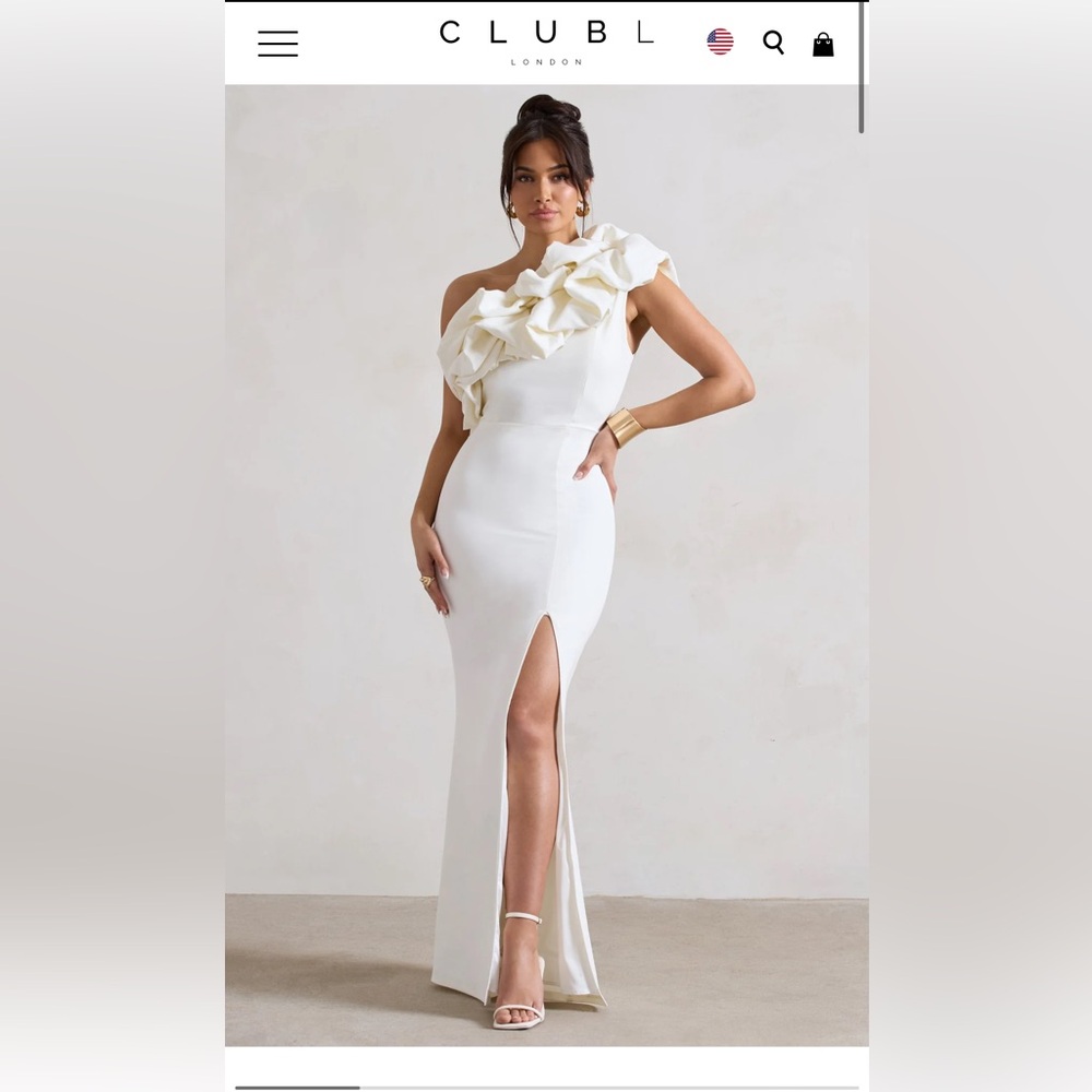 Club L White One Shoulder Ruffle Split Maxi Dress size 10